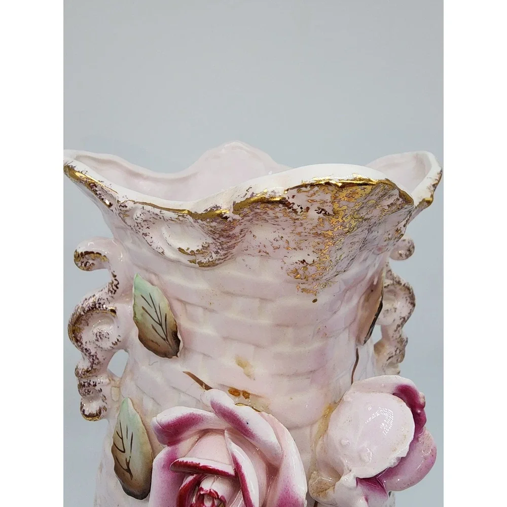 Vintage Pink Basketweave Ceramic Vase 3D Applied Roses Gold Gilt Trim 7.5in